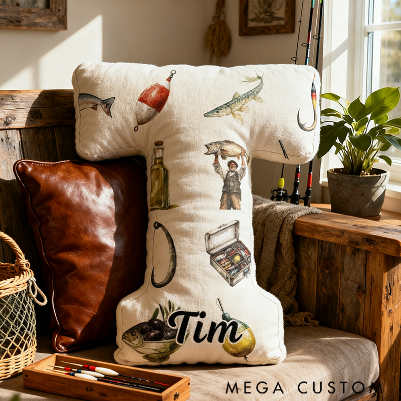 Personalized Fishing Letter Pillow Funny Fishing Pillow Custom Name Graphic 3D Print Perfect for Fishing Enthusiasts Young Angler and Cozy Home Decor 