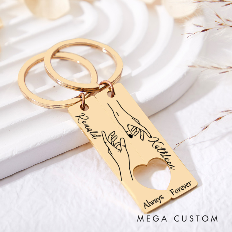 Personalized Couple Forever Always 2pcs Matching Keychain Newlyweds Line Hand Heart Keyring Valentine's Day Gift for Boyfriend Girlfriend Husband Wife