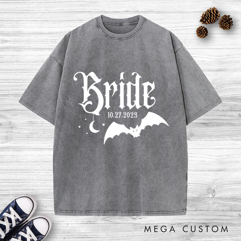 Personalized Halloween-Inspired Gothic Bride and Groom with Bat and Moon Matching Wedding Couple Washed T-Shirt