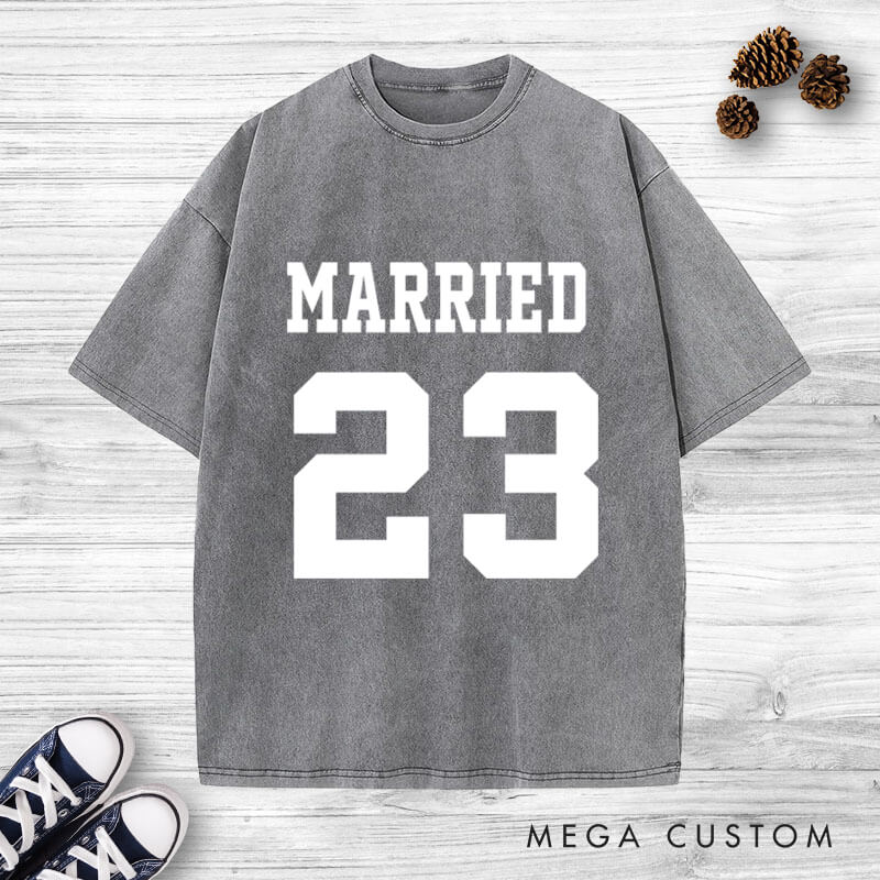 Personalized Bold Sports-Inspired Just Married Matching Wedding Couple Washed T-Shirt