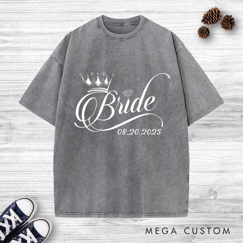 Personalized Regal Bride and Groom with Crowns and Date Matching Wedding Couple Washed T-Shirt