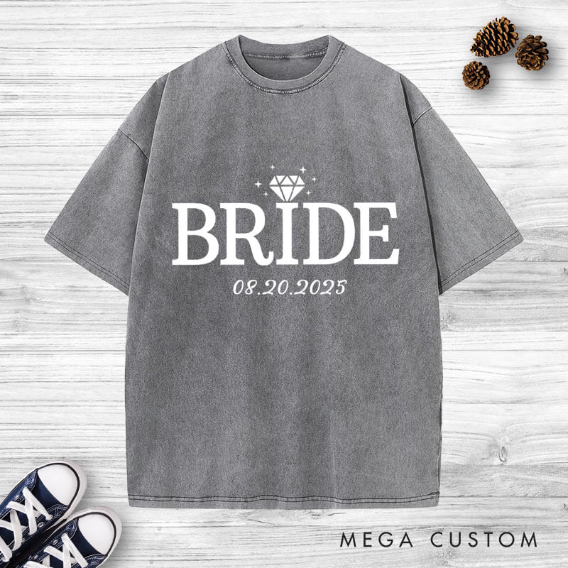 Personalized Elegant Bride and Groom with Rings Matching Wedding Couple Washed T-Shirt