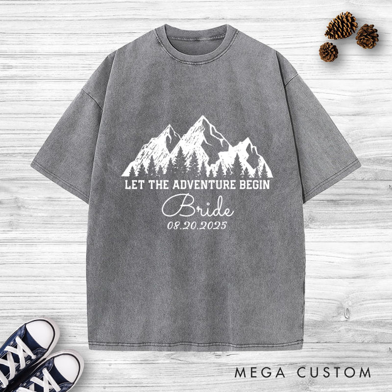 Personalized Rustic Line Mountains Let The Adventure Begin Bride and Groom Matching Wedding Couple Washed T-Shirt