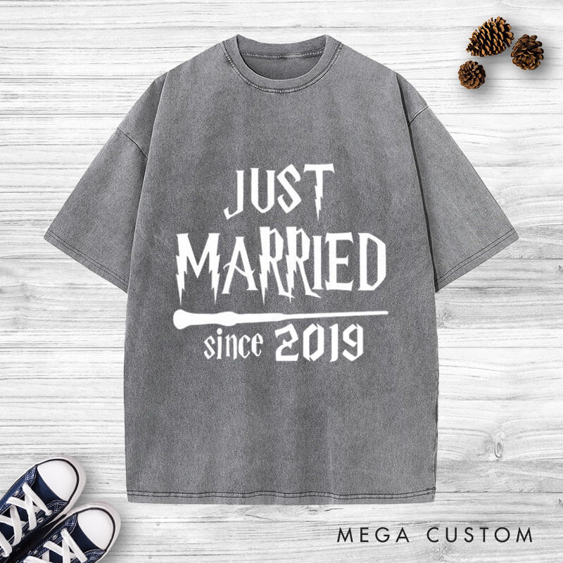 Personalized Magical Just Married with Year Newlyweds Matching Wedding Couple Washed T-Shirt