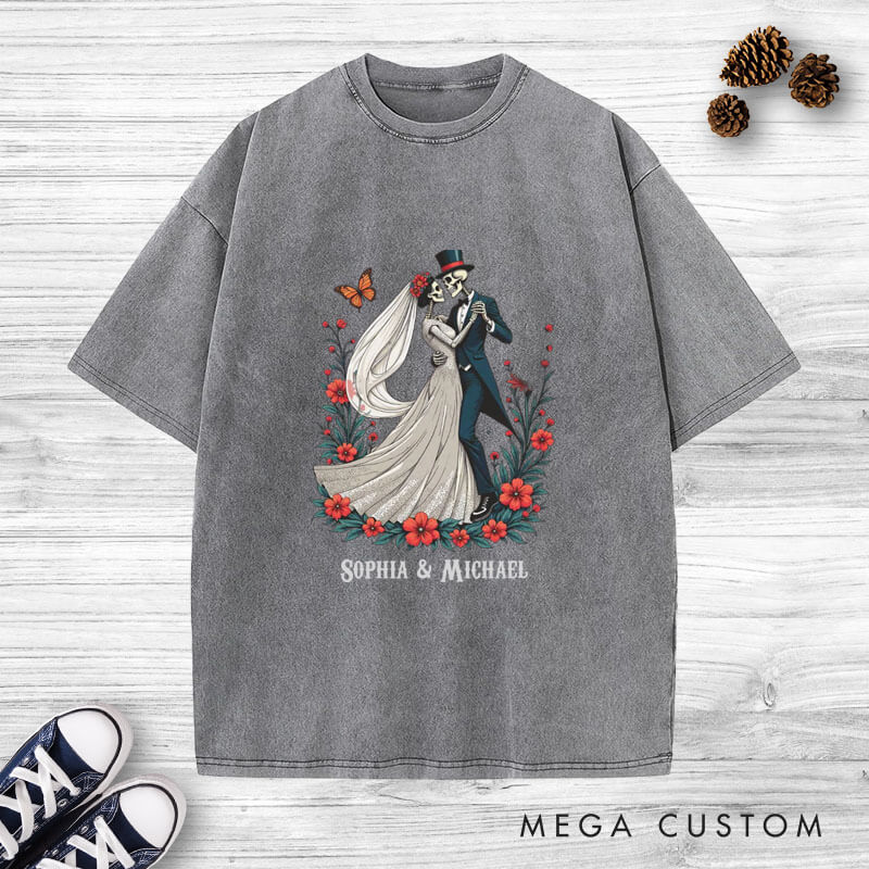 Personalized Romantic Dancing Skeleton Matching Wedding Couple Washed T-Shirt