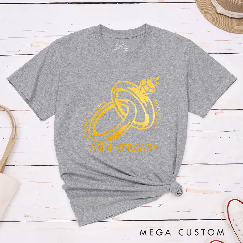 Personalized Golden Rings Anniversary T-Shirt Elegant Celebrate Couple Anniversary T-Shirts for Husband Wife Anniversary Gift Tees