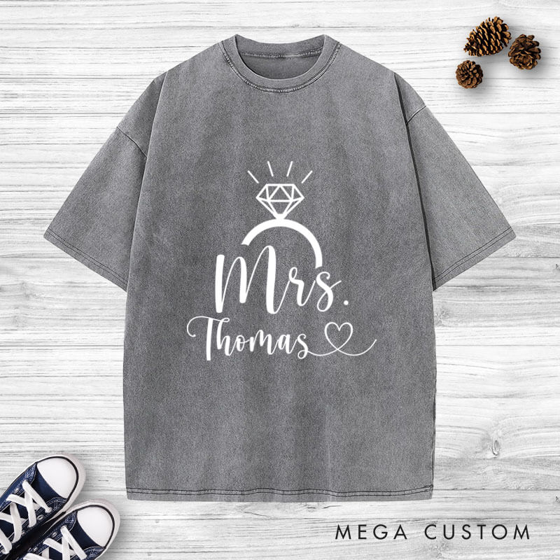 Personalized Elegant Mr and Mrs with Diamond Ring Wedding Couple Washed T-Shirt
