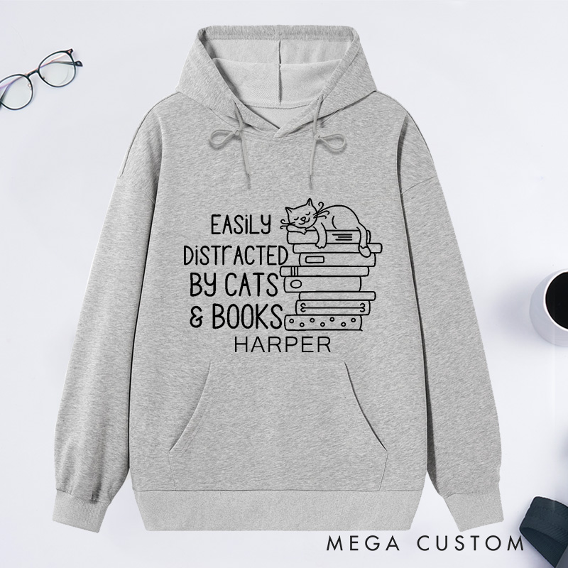 Personalized Easily Distracted By Cats And Books Classic Hoodies Book Lover Gift Funny Cat Hoodies