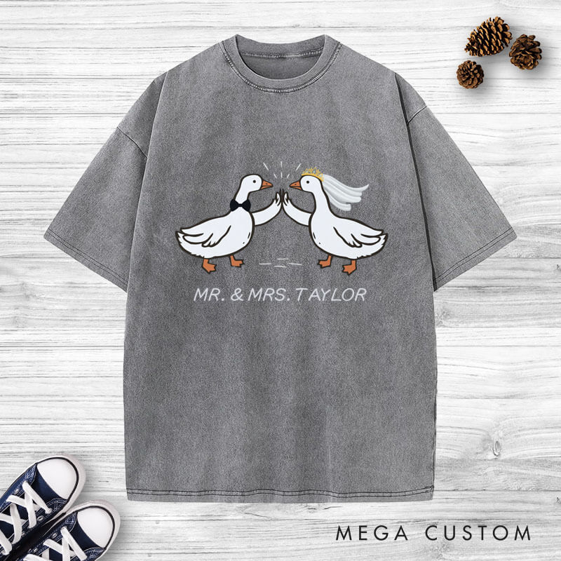 Personalized Mr and Mrs Silly Goose Bride and Groom Wedding Couple Washed T-Shirt