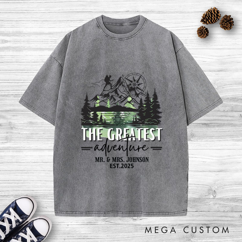 Personalized The Greatest Adventure Mr and Mrs Wedding Couple Washed T-Shirt