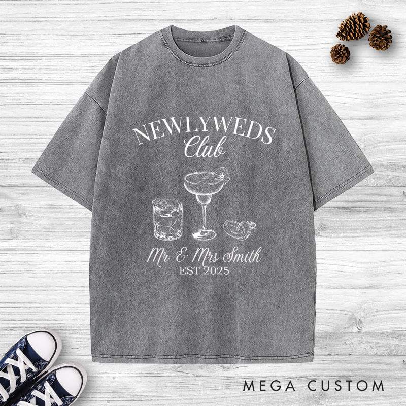 Personalized Rustic Newlyweds Club with Cocktails Mr and Mrs Wedding Couple Washed T-Shirt