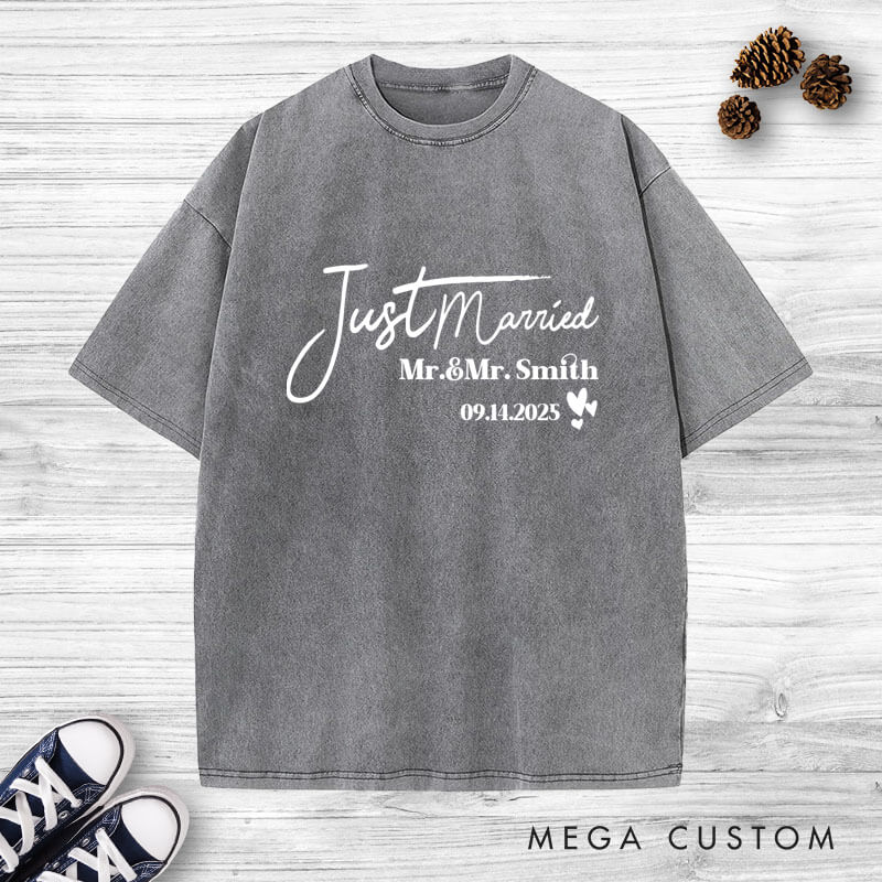 Personalized Elegant Just Married Mr and Mrs with Hearts Wedding Couple Washed T-Shirt
