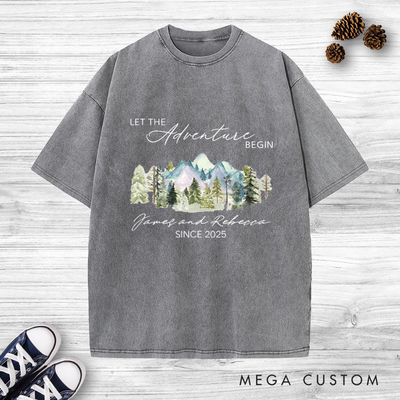 Personalized Mountain Scenic Let the Adventure Begin Newlyweds Wedding Couple Washed T-Shirt