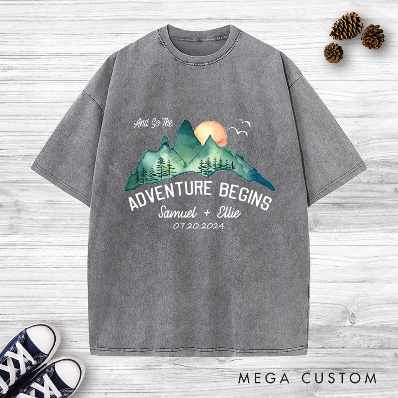 Personalized Scenic And So The Adventure Begins Newlyweds Wedding Couple Washed T-Shirt