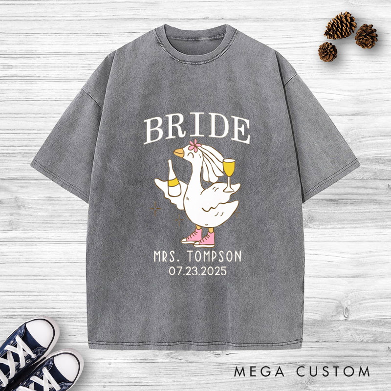 Personalized Lively Bride and Groom Silly Goose with Champagne Matching Wedding Couple Washed T-Shirt