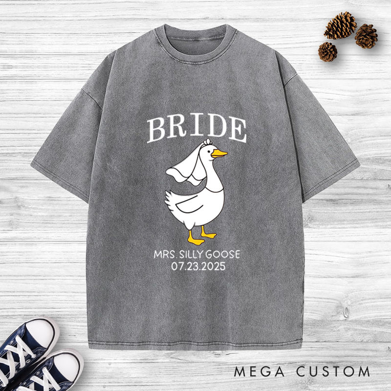Personalized Bride and Groom Silly Goose Mr and Mrs Matching Wedding Couple Washed T-Shirt