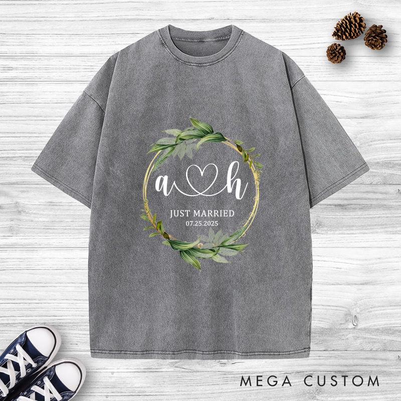 Personalized Romantic Botanical Just Married with Initials Wedding Couple Washed T-Shirt