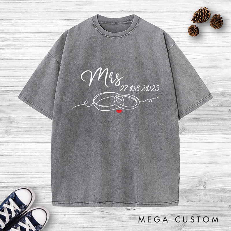 Personalized Elegant Mr and Mrs with Wedding Rings Matching Wedding Couple Washed T-Shirt