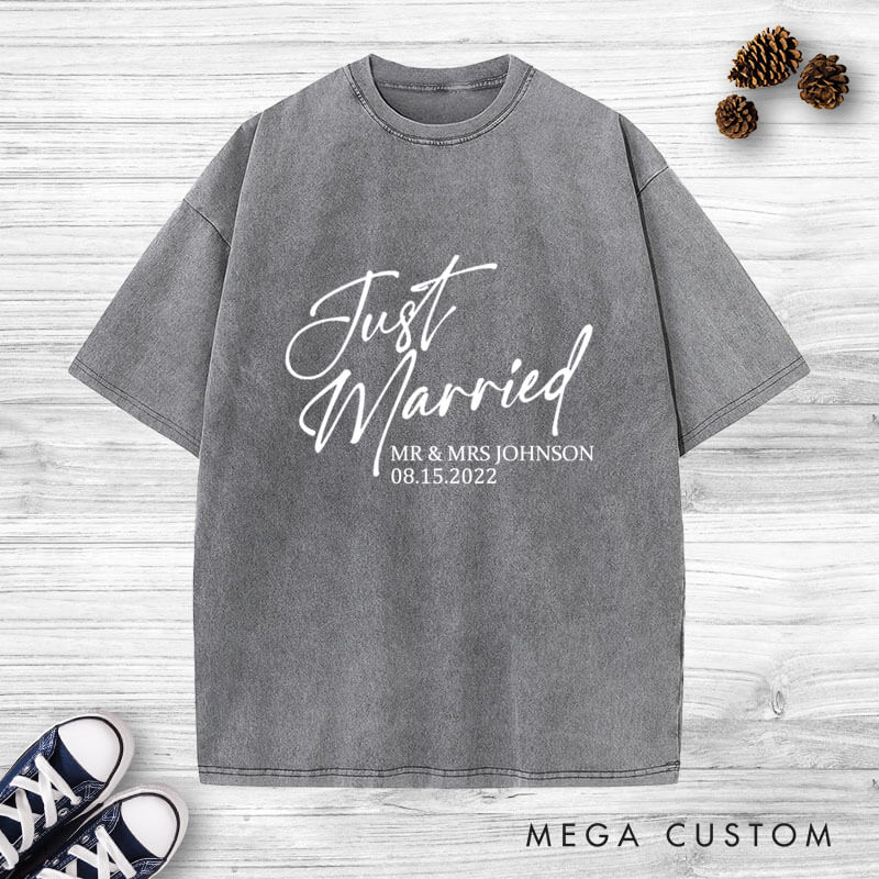 Personalized Modern Just Married Newlyweds Wedding Couple Washed T-Shirt