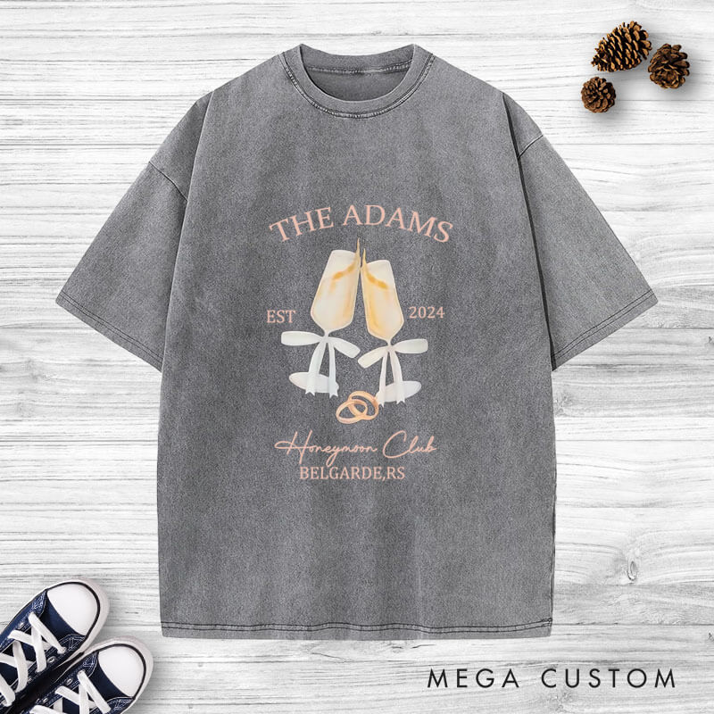Personalized Honeymoon Club Champagne Glasses Tied with Bow Honeymoon Couple Washed T-Shirt