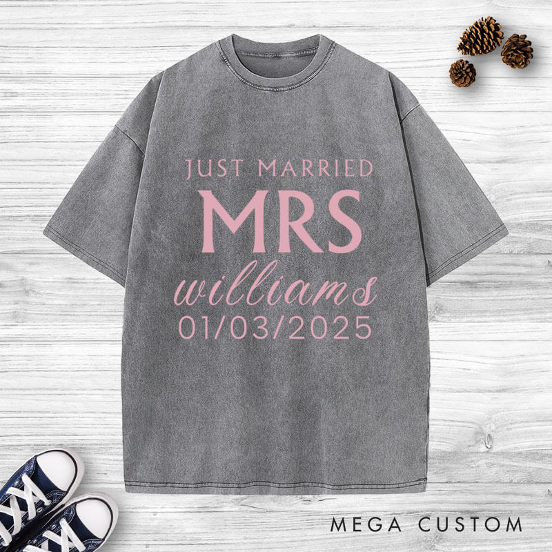 Personalized Minimalist Just Married Mr and Mrs Wedding Couple Washed T-Shirt