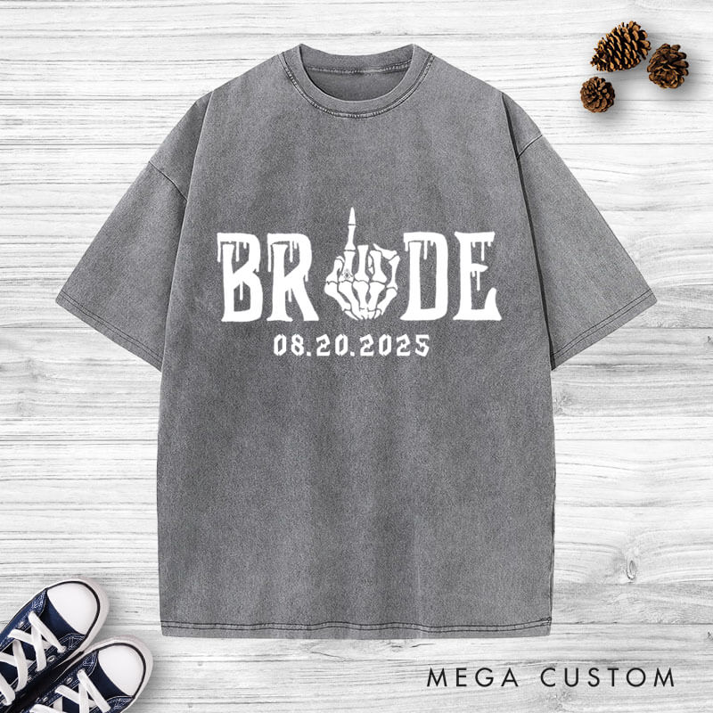 Personalized Funny Gesture Skeleton Bride and Groom Matching Wedding Couple Washed T-Shirt