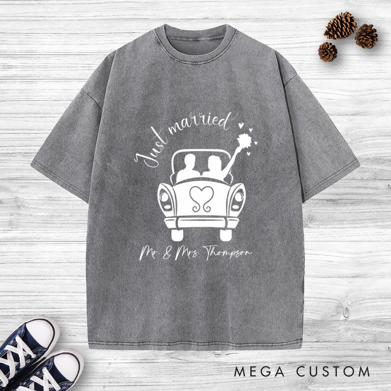 Personalized Romantic Just Married with Wedding Car Wedding Couple Washed T-Shirt