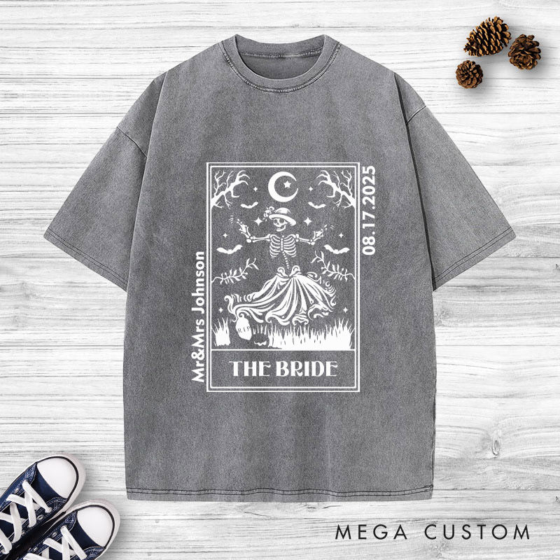 Personalized Whimsical Tarot Card Skeleton Bride and Groom Wedding Couple Washed T-Shirt