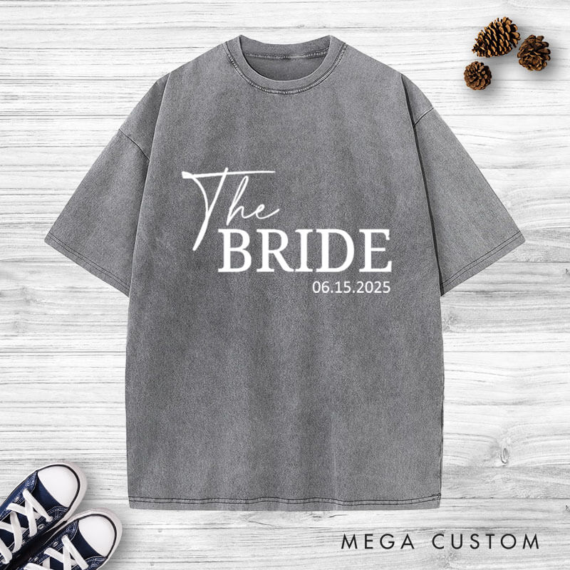 Personalized Minimalist The Bride and The Groom with Date Matching Wedding Couple Washed T-Shirt