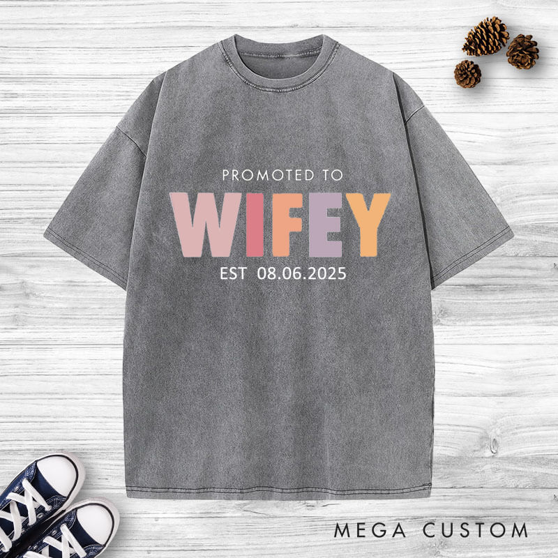 Personalized Playful Promoted to Hubby and Wifey Matching Wedding Couple Washed T-Shirt