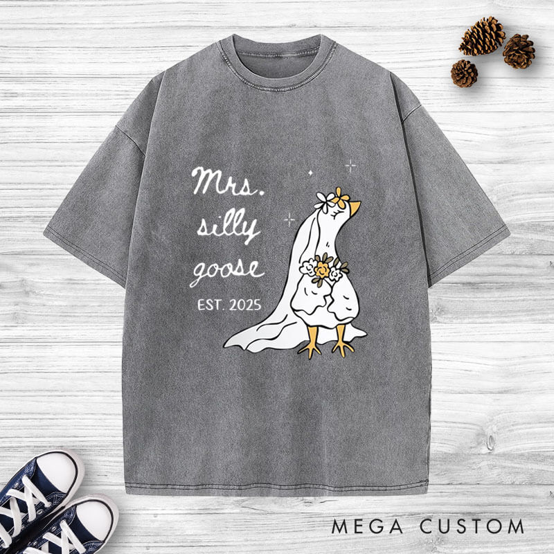 Personalized Funny Mr and Mrs Silly Goose Matching Wedding Couple Washed T-Shirt