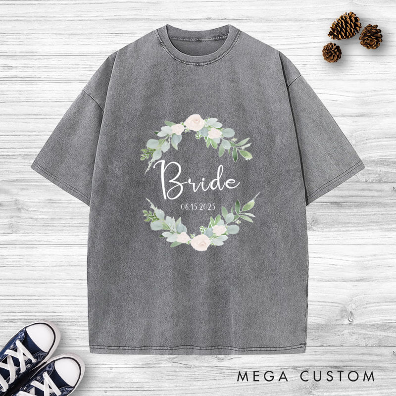 Personalized Elegant Floral Wreath Bride and Groom Matching Wedding Couple Washed T-Shirt