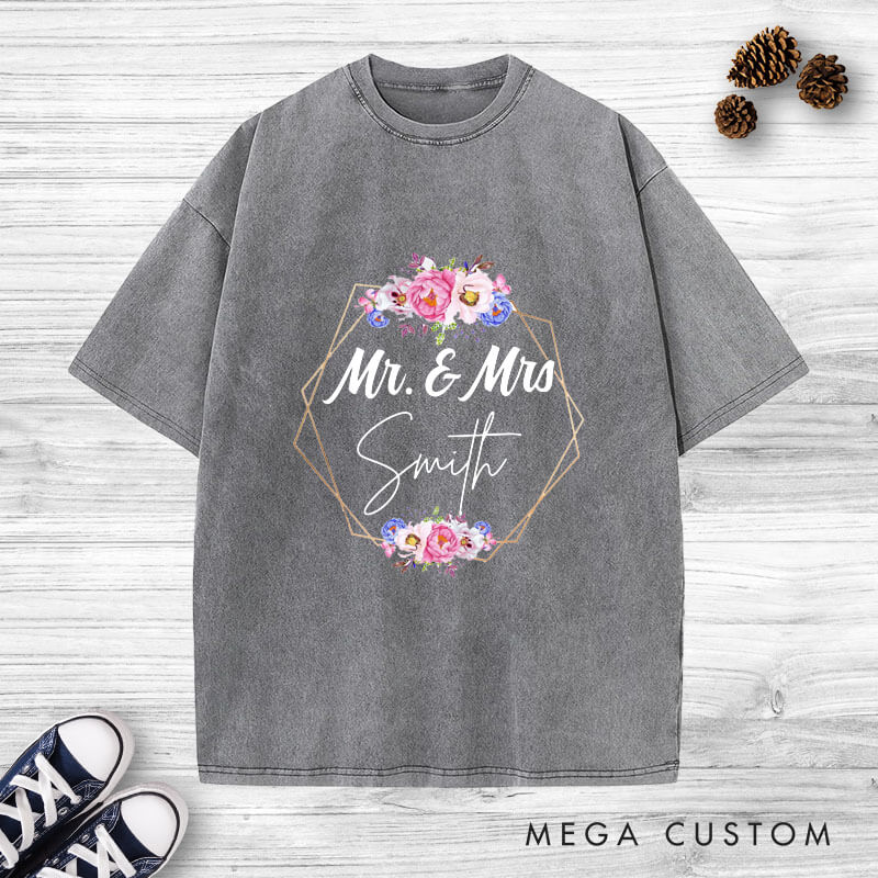Personalized Geometric Frame with Watercolor Floral Mr and Mrs Wedding Couple Washed T-Shirt