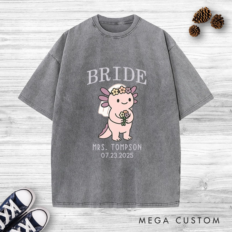 Personalized Cute Bride and Groom Axolotl Wedding Couple Washed T-Shirt