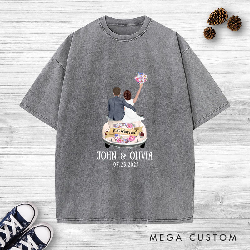 Personalized Romantic Just Married Getaway Car Wedding Couple Washed T-Shirt