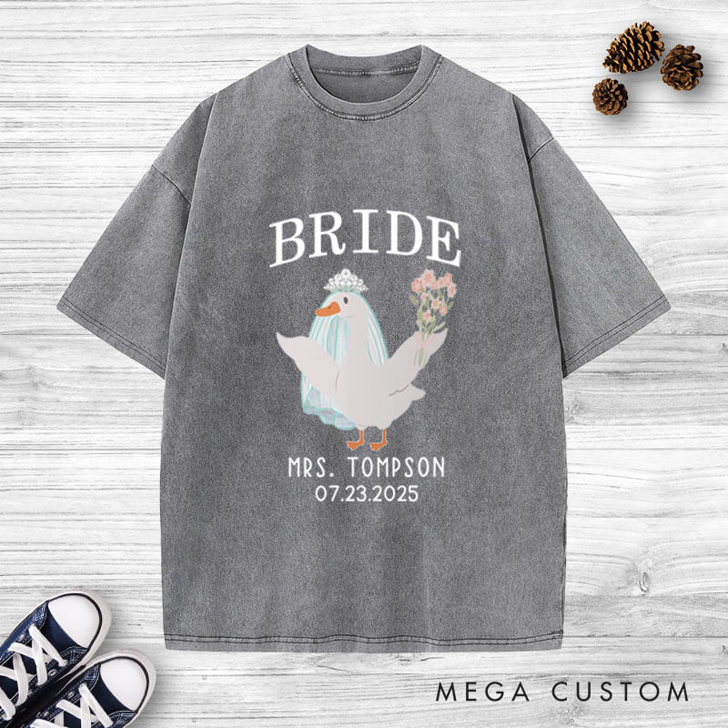 Personalized Whimsical Bride and Groom Silly Goose Matching Wedding Couple Washed T-Shirt