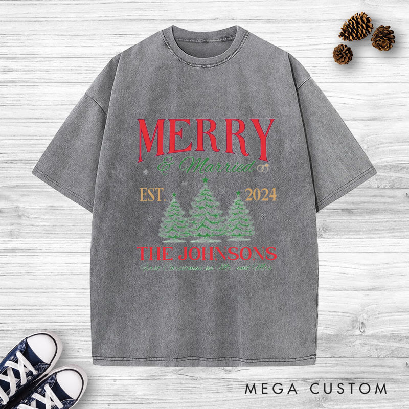 Personalized Joyful Merry and Married the First Christmas as Mr and Mrs Washed T-Shirt