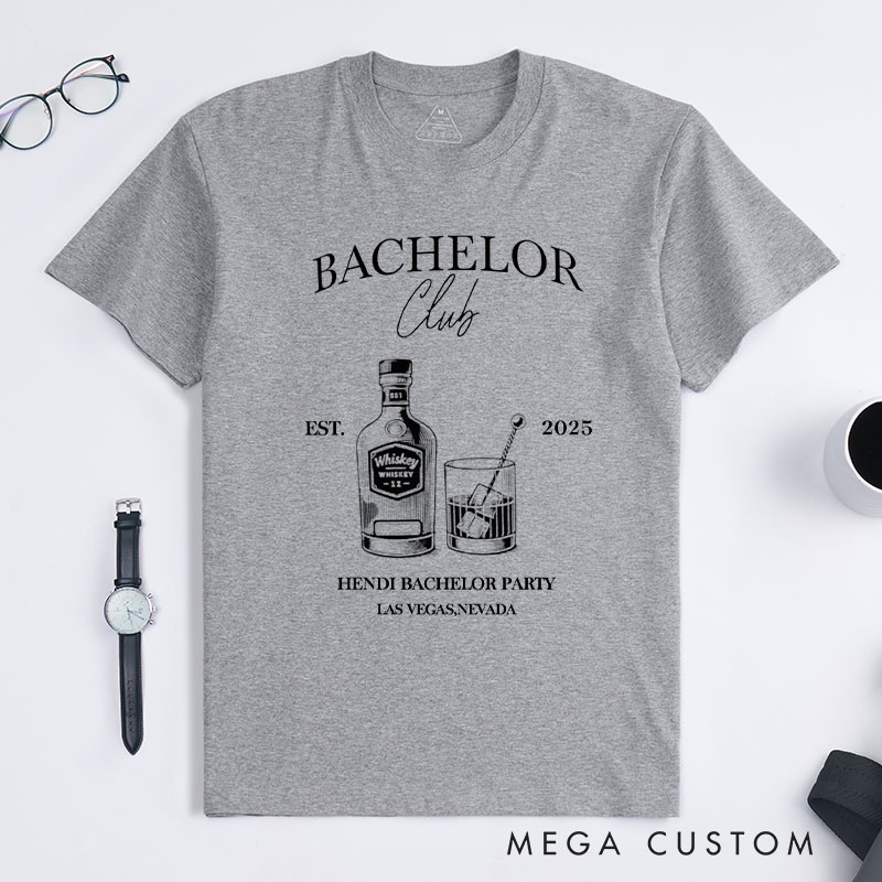 Personalized Groom Bachelor Club T-Shirt Whiskey Bottle & Glass Designed Shirts Groomsman Proposal Gift T-Shirt Wedding Party Favors Top for Best Man