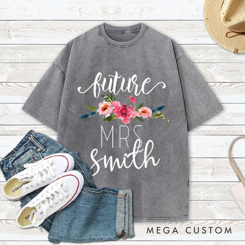 Personalized Watercolor Floral Future Mrs Fiancee Engagement Fiancée Washed T-Shirt