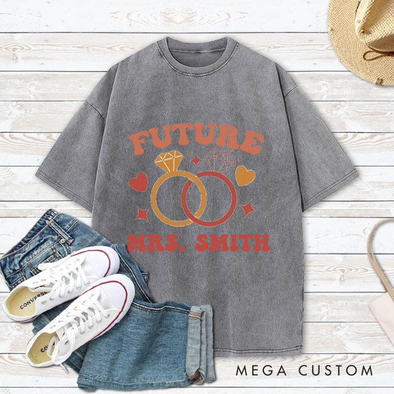 Personalized Playful Future Mrs with Intertwined Rings Fiancee Engagement Fiancée Washed T-Shirt