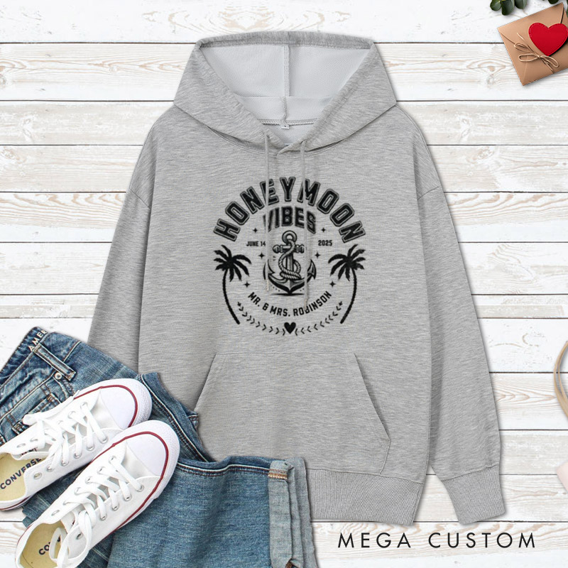 Personalized Nautical Honeymoon Vibes with Anchor and Palm Trees Matching Honeymoon Couple Hoodie