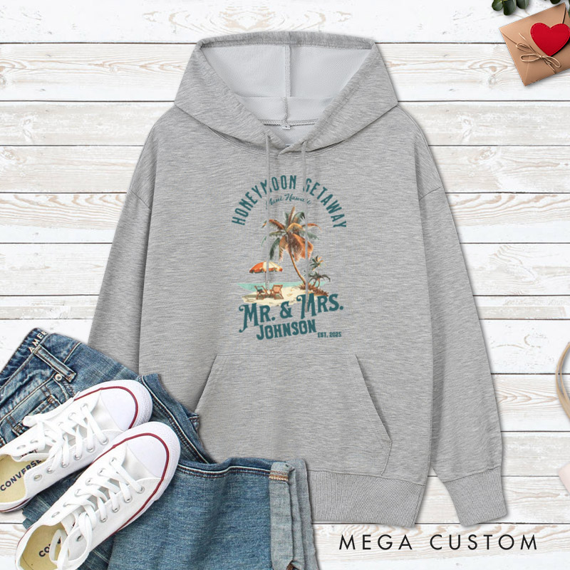 Personalized Vintage Tropical Honeymoon Getaway with Beach Scene Matching Honeymoon Couple Hoodie