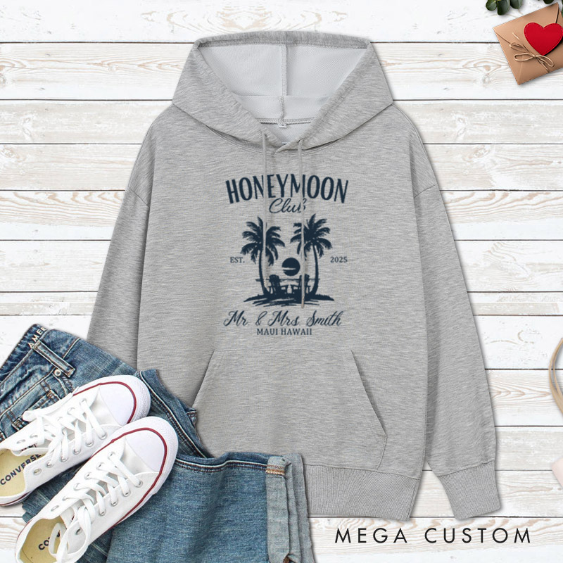 Personalized Vintage Tropical Honeymoon Club with Sunset Matching Honeymoon Couple Hoodie