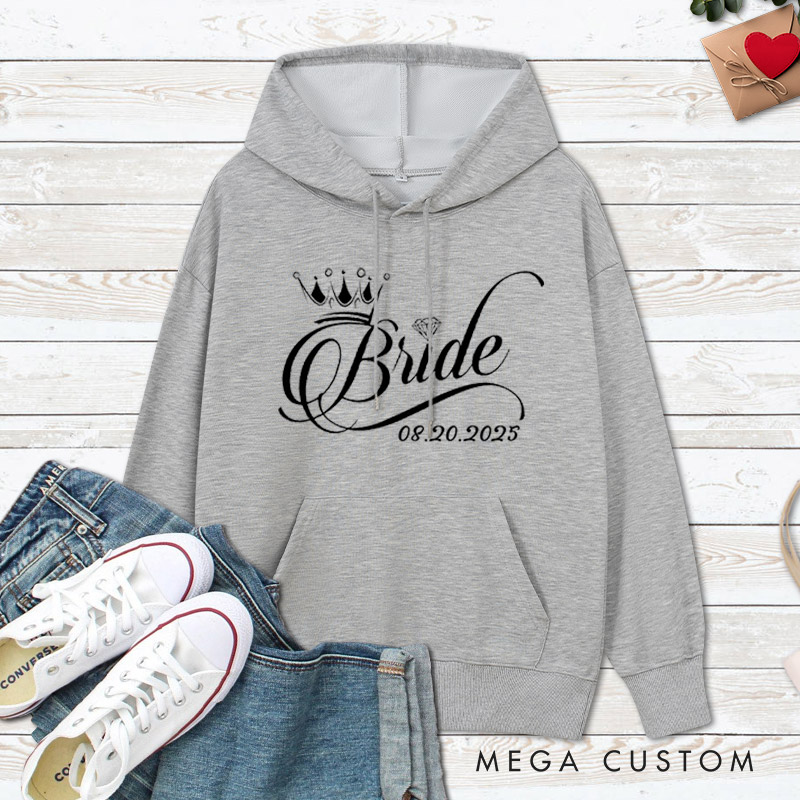 Personalized Regal Bride and Groom with Crowns and Date Matching Wedding Couple Hoodie