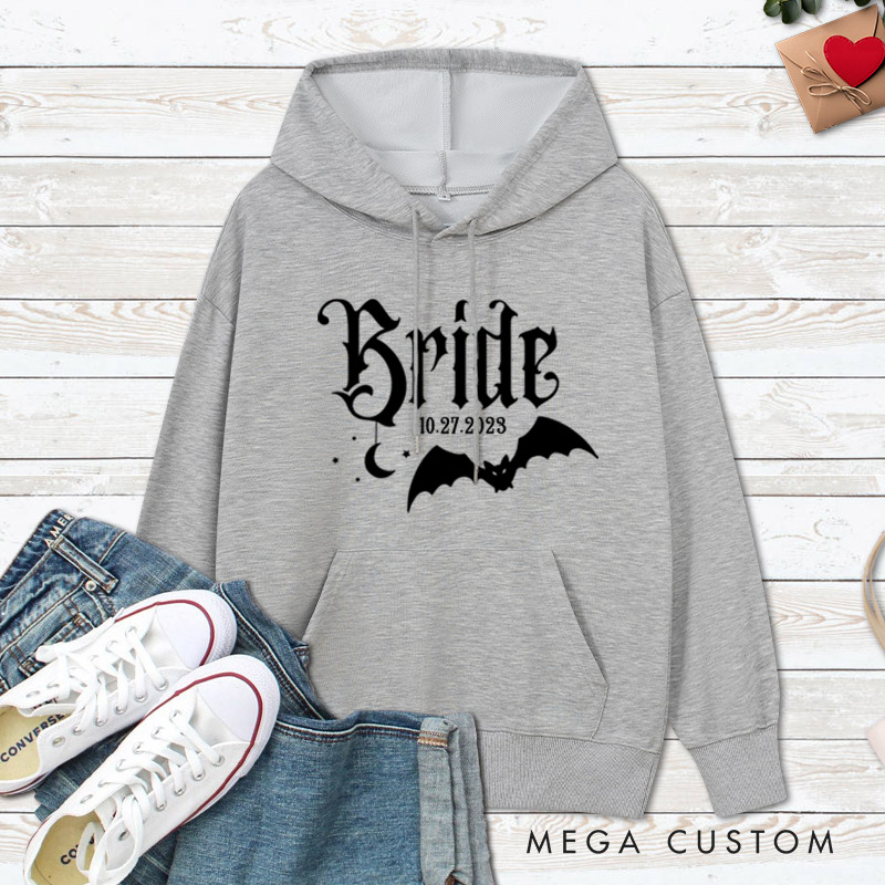 Personalized Halloween Gothic Bride and Groom with Bat and Moon Matching Wedding Couple Hoodie