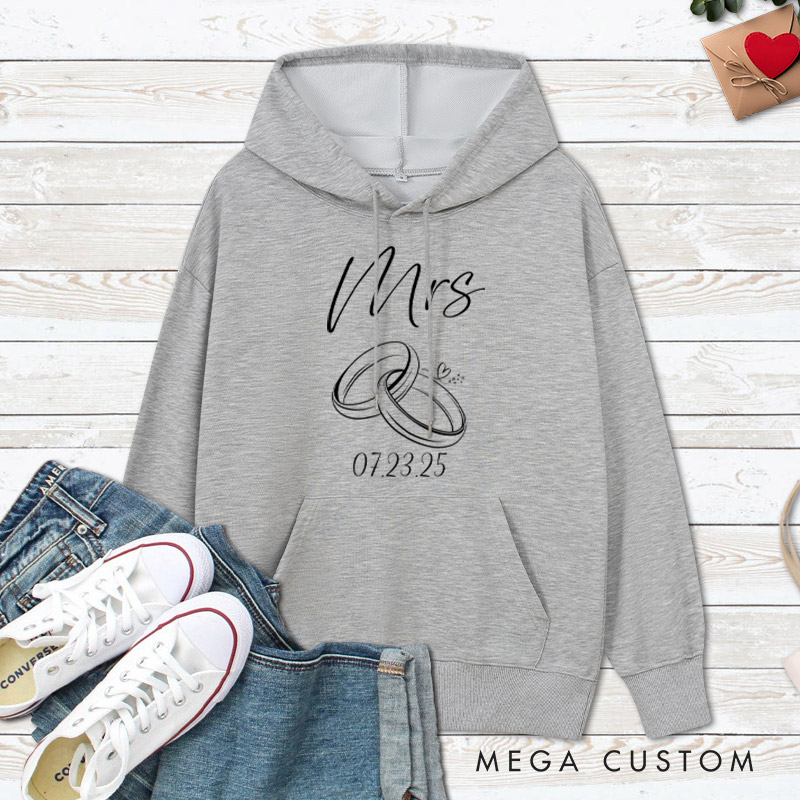 Personalized Minimalist Mr and Mrs with Rings and Heart Wedding Couple Hoodie