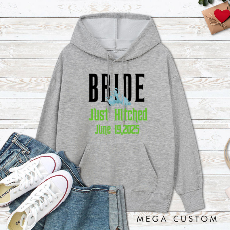 Personalized Playful Just Hitched Bride and Groom Wedding Couple Hoodie