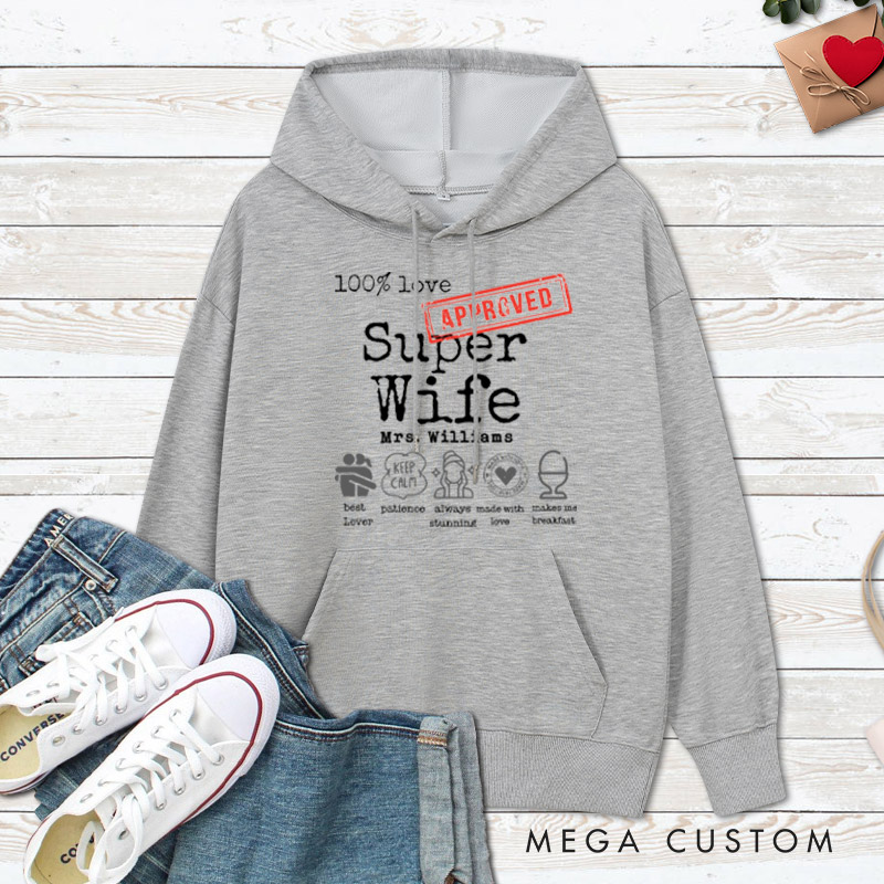 Personalized Fun Approved Super Wife and Super Husband Matching Wedding Couple Hoodie