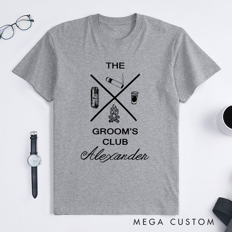 Personalized Rustic Bachelor Party Icon Design Beer Cigars Shots And Campfire Shirt for Groom Crew Wedding Party Favors Shirt for Best Man