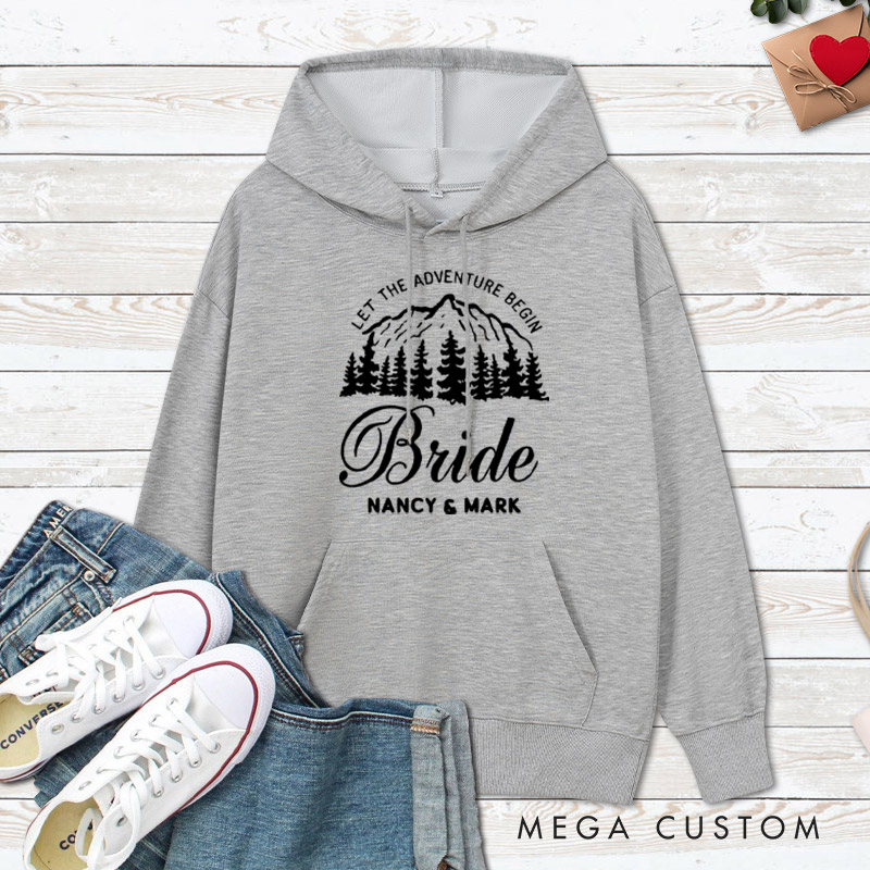 Personalized Mountain Serene Let The Adventure Begin Bride and Groom Wedding Couple Hoodie